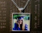 Unique Graduation Photo Glass Pendant Necklace with Silver Loop Chain