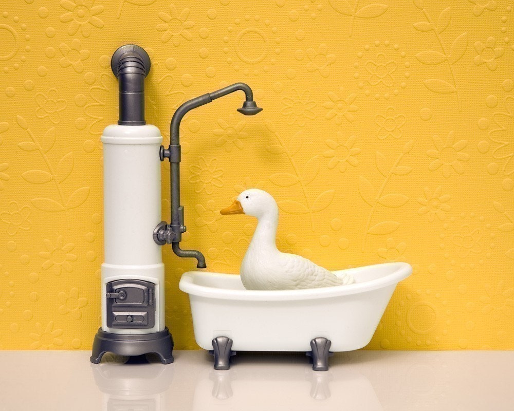sunny duck art, bathroom decor, bright cheery yellow, vintage tub - Dirty Duck  8 x 10