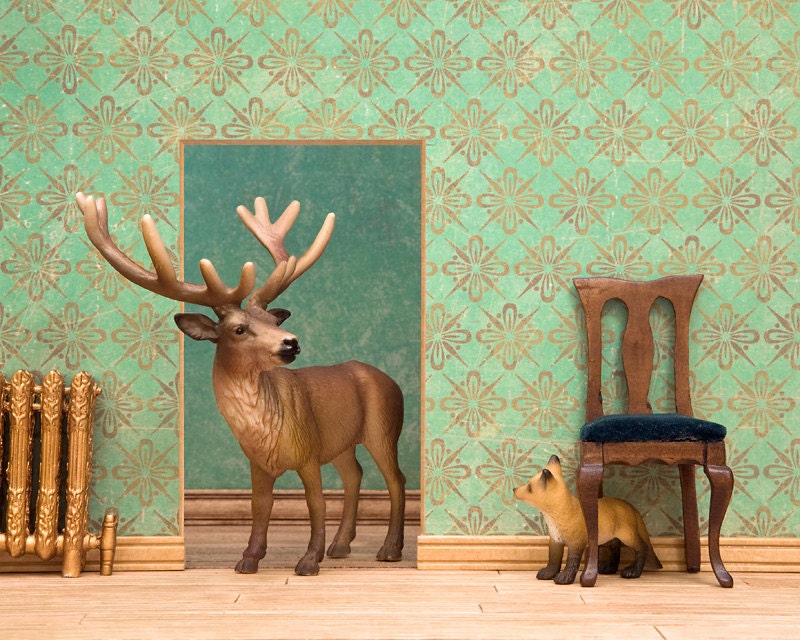 deer and fox art, woodland animal print, aqua green, copper - The Quick Brown Fox 8 x 10