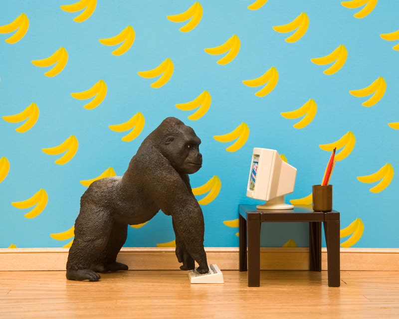 gorilla art, ape, blue, banana pattern, diorama, funny - Gorilla In Your Midst 8 x 10