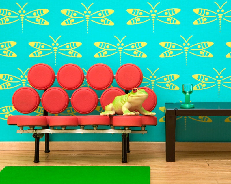 frog print, mid century modern, bright, marshmallow couch, diorama  - Easy Being Green 8 x 10
