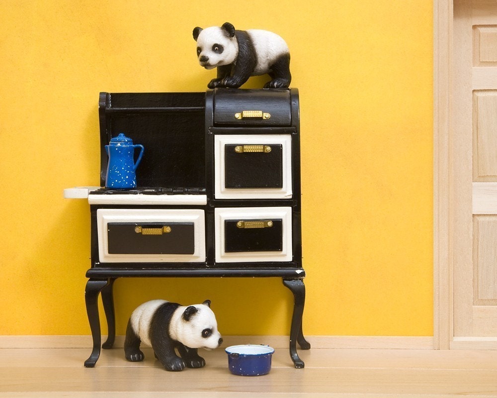 cute baby panda art, bright yellow, old fashioned kitchen - A Pipkin of Pandas 8 x 10