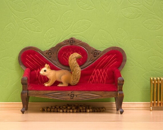 squirrel art, acorn, red and green, woodland animal - Squirreled Away 8 x 10