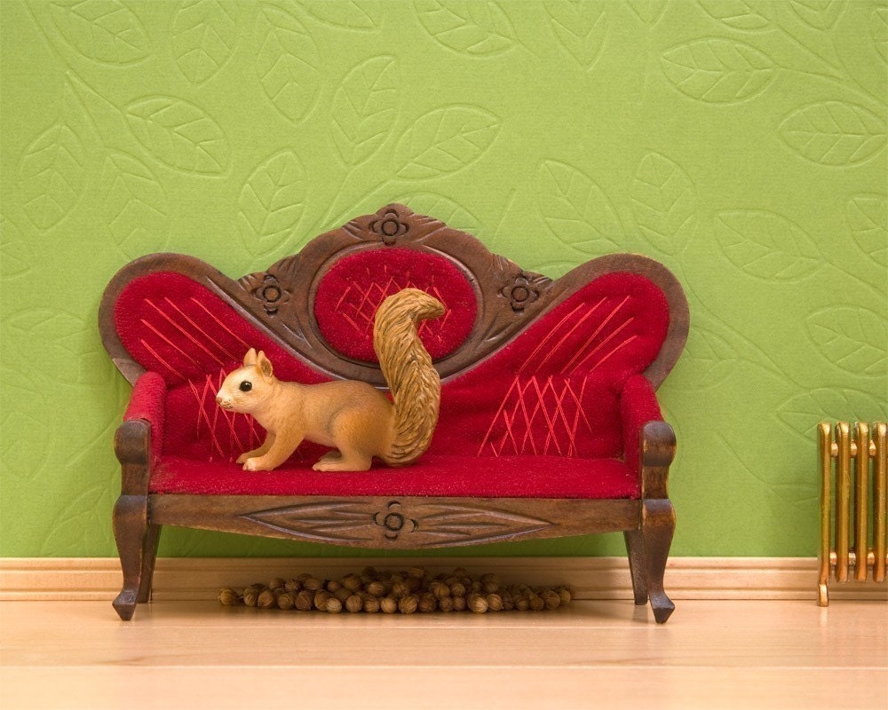 squirrel art, acorn, red and green, woodland animal - Squirreled Away 8 x 10