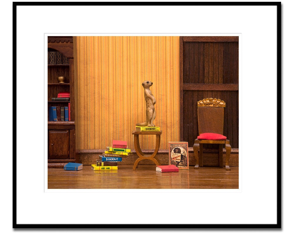 meerkat art, diorama, bookworm, library, den, shabby chic - Meerkat Den 8 x 10