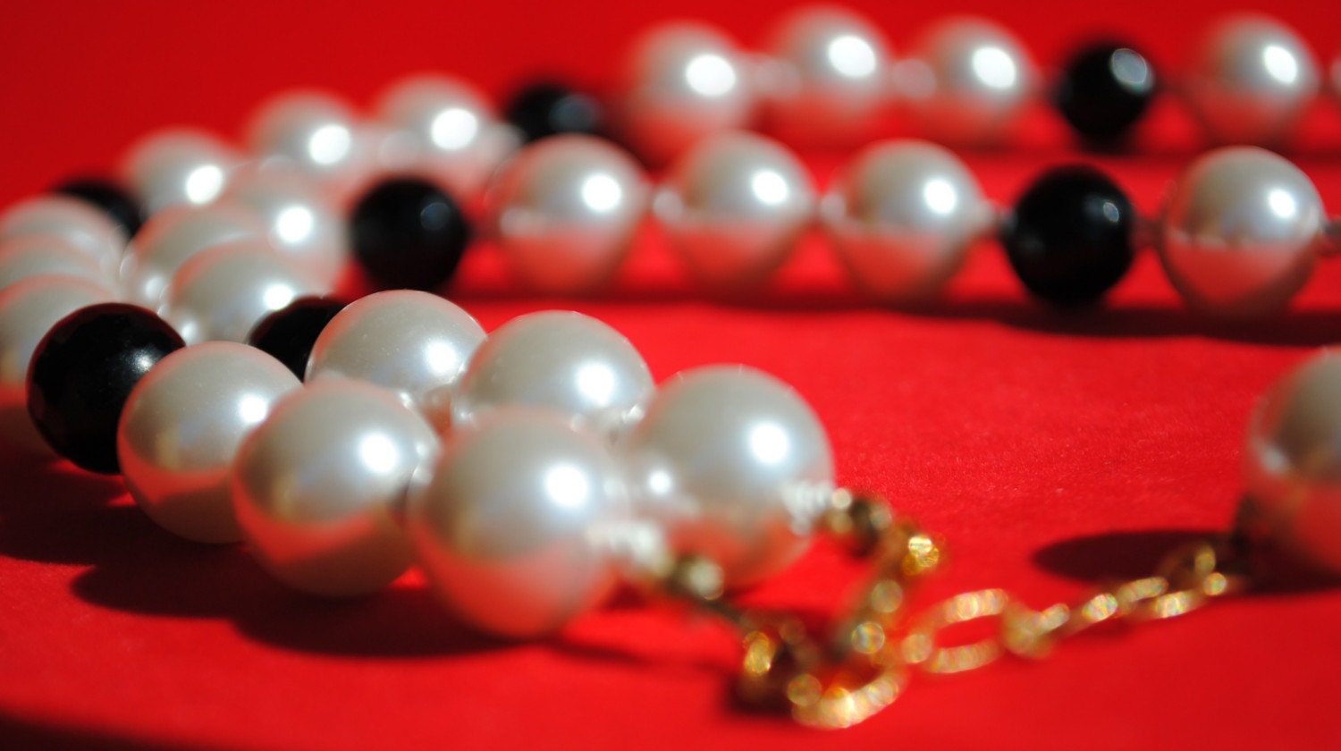Handmade Black and White Necklace--South Sea Shell Pearl and Onyx Artisan Necklace Gold Filled 19 inches