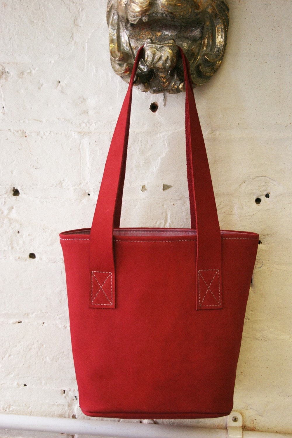 SALE 20% OFF Scarlet Red Leather Bucket Bag with tie-dye Red Lining Was 119 Dollars