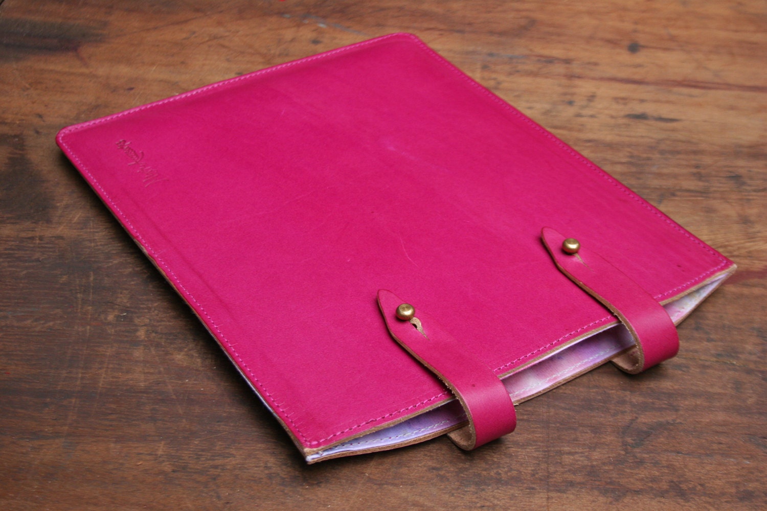 LAST ONE: Electric Pink Veg-Tan Leather Ipad 1,2,3 Gen Sleeve with Collar Stud Closure