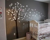 Nursery Wall Decals - Blowing Tree with Contemporary Cherry Blossom Flowers 111