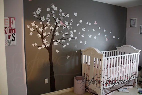 Wall Decals Nursery - Contemporary cherry blossom tree with white flowers and soft pink animals - Baby Tree Wall Decals 112