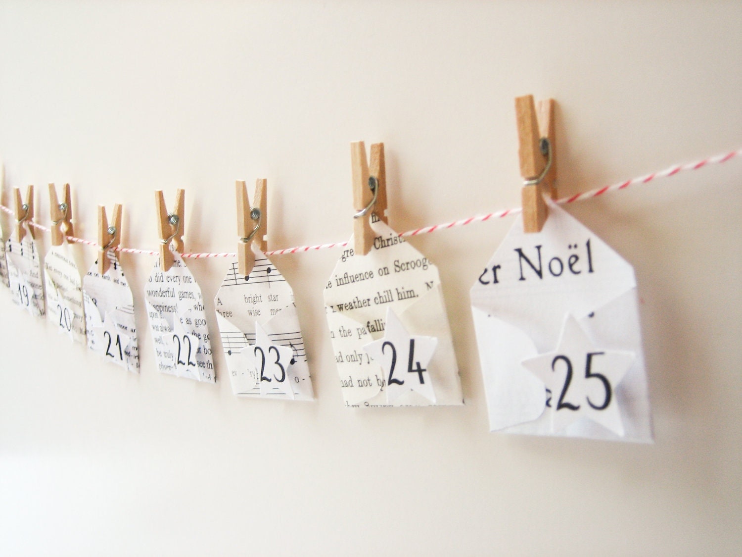The cutest Advent Calendar ever -- 25 mini Christmas envelopes -  miniature envelopes, handmade, music, books, clothespins, garland - newnanc