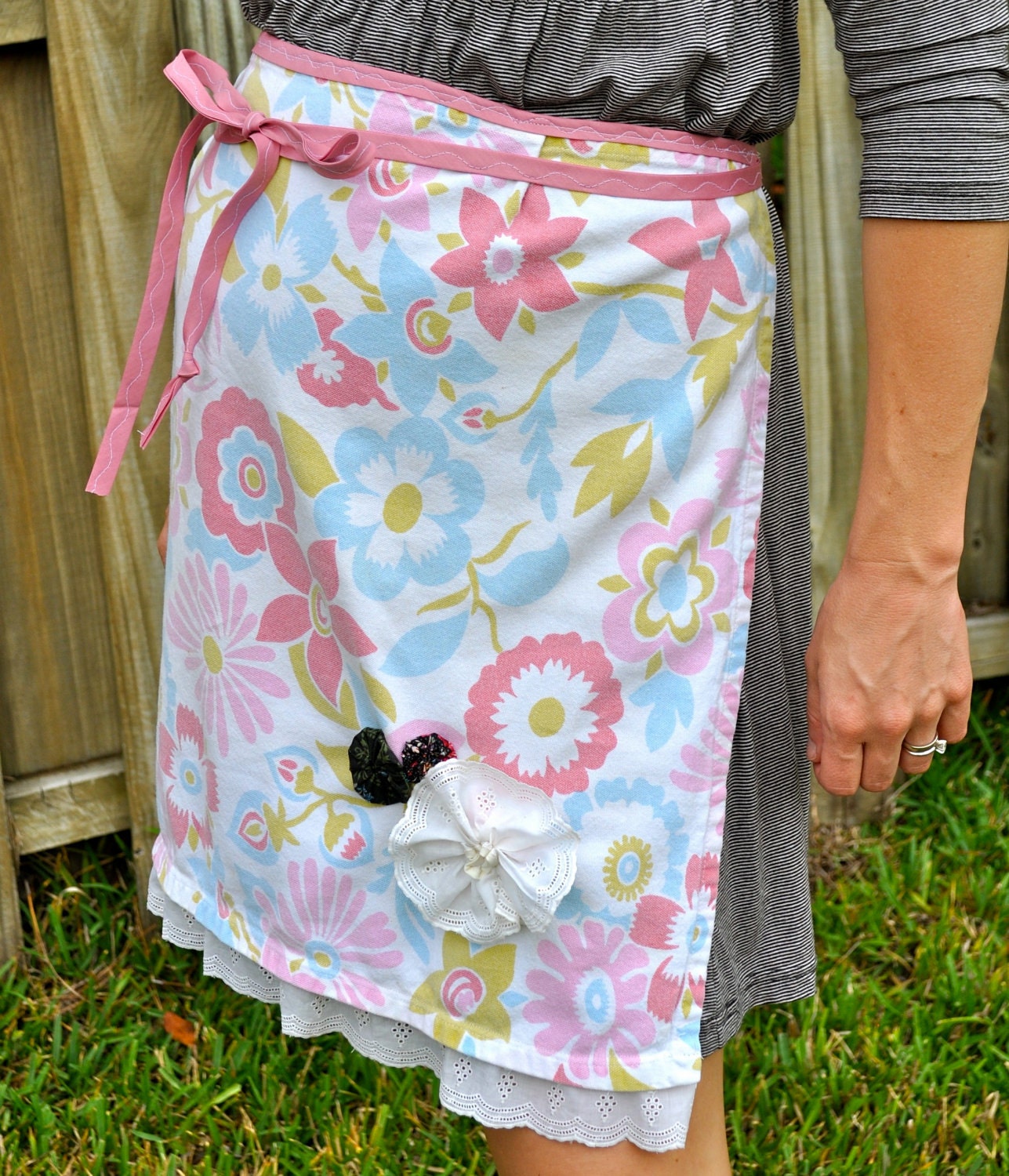 Dusty Pink Floral Tea Towel Half Apron
