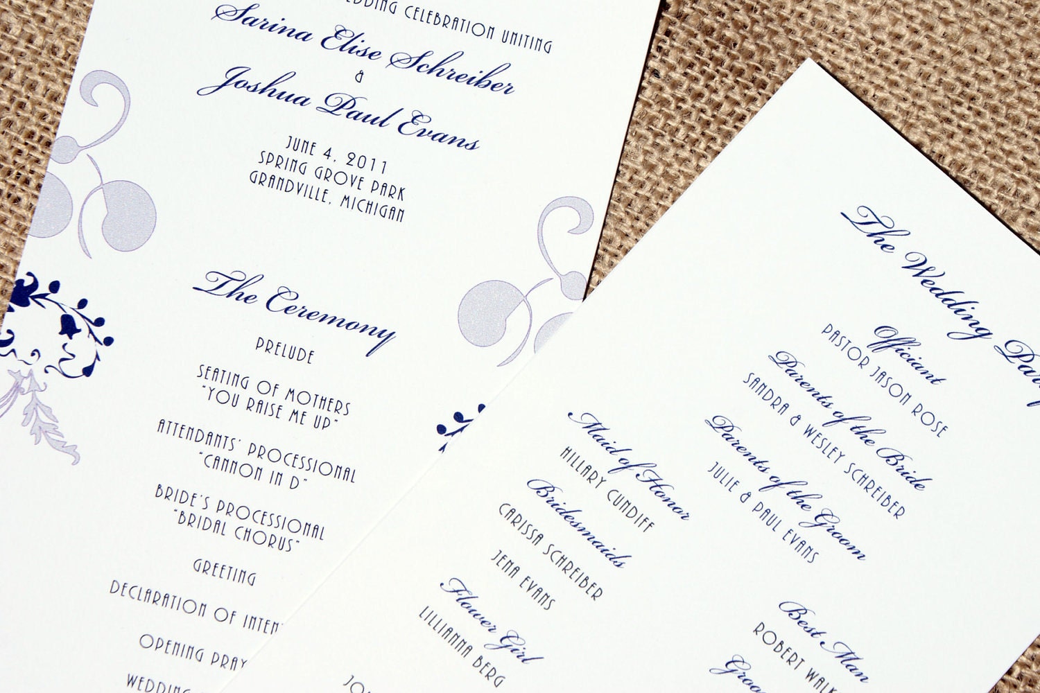 Wedding Programs - Flat Double Sided Design - Purple, Lavender - Custom Colors & Fonts Available