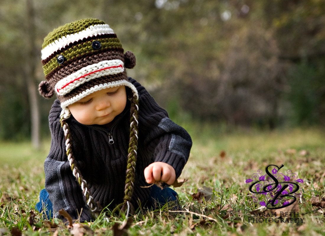 Little Boy Military Green Monkey Hat - Great Photography Prop - Available in 6 Sizes