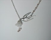Bird and Flower Pendant  Necklace, Statement, Lariat,  Peach crystal, Calla White Flower, Bridal Necklace, Silver bird, Free Shipping, Gift