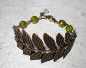 True Love  Vintage Branch Bracelet, Friendship Bracelet, Charm Bracelet , Leaf Bracelet, Wedding bracelet, Gift, Green Glass beads