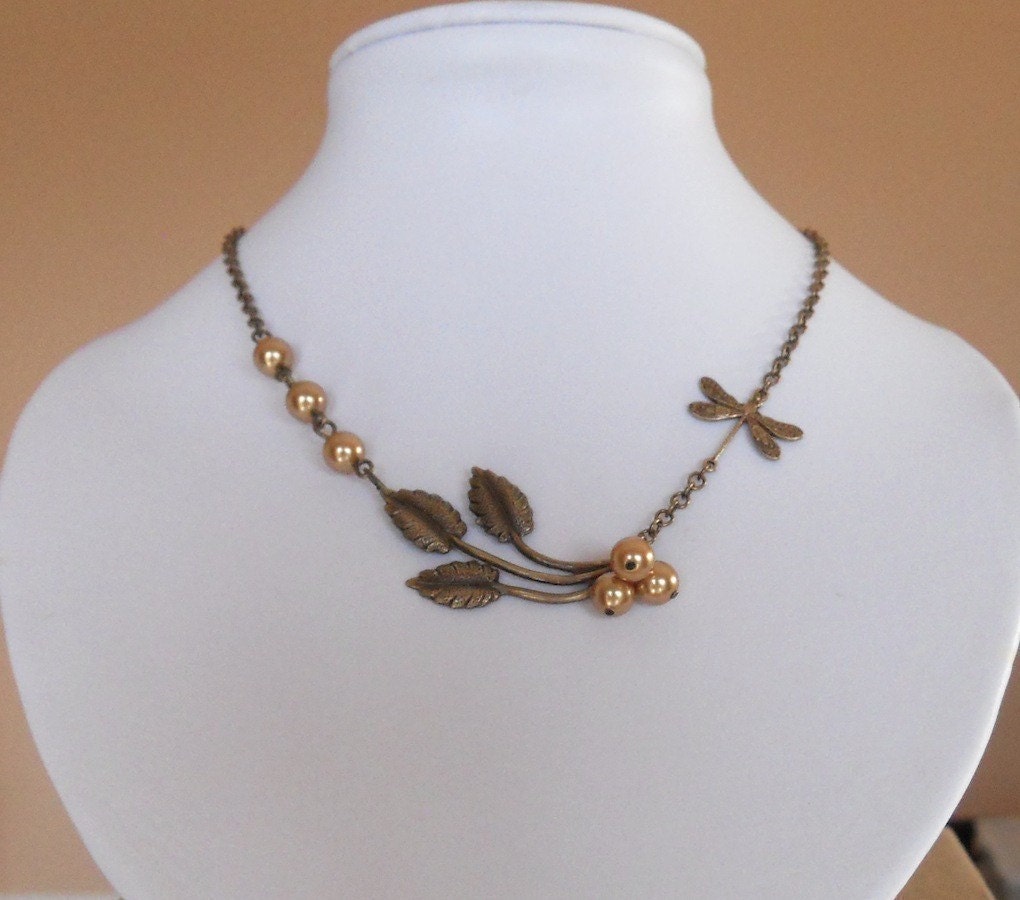 Sunny Day Statement Necklace, Lariat Necklace, Statement, Wedding Jewelry, Choker, Dragonfly, Branch, Gold Pearls, Gift, Free Shipping