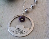 Lotus necklace- Lotus flower pendant, Gray pearls, silver pearl, purple blossom flower, Free Shipping, Gift,