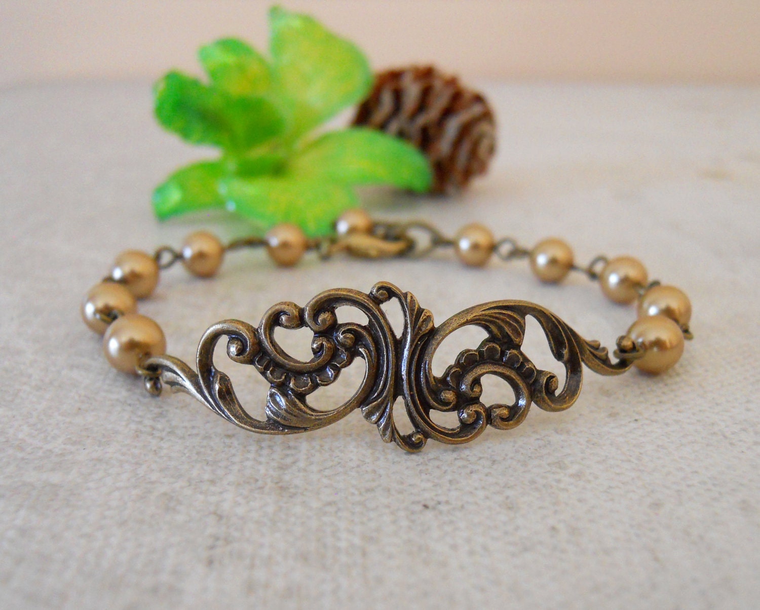 Free Shipping Filigree Charm Bracelet, Friendship Bracelet, Wedding , Bridal, Bracelet, Golden Pearls, Gift