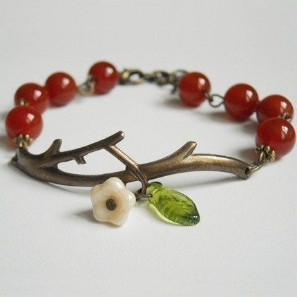 Free Shipping Twig red agate Bracelet , Flower and leaf, Charm Bracelet, Cull, Friendship bracelet, Christmas bracelet, Gift, Brass Branch