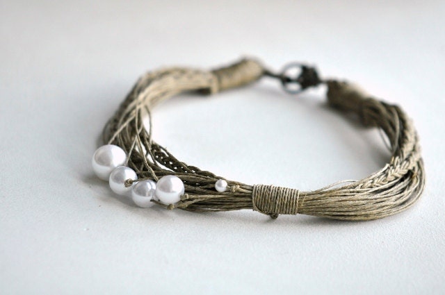 Anna - White Pealrs dance on Linen Necklace / Pearls Necklace / Shell Necklace