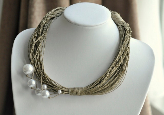 Anna - White Pealrs dance on Linen Necklace / Pearls Necklace / Shell Necklace