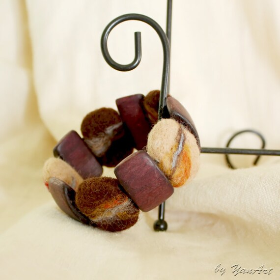 Felted bracelet - natural tones - wooden wool beads - Stone beads - Ready to ship - mothers day gift