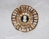 Coro  Cameo White Rhinestone and Gold Filigree Brooch at Chat Noir Studio