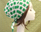 Vintage fabric head cover scarf Green brick on white