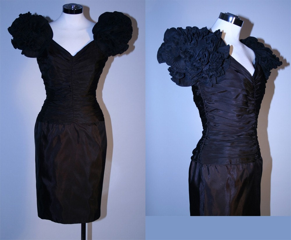 Vintage 80s Tadashi Avant Garde Satin Sculptural Origami Lady Gaga Black Wiggle Dress