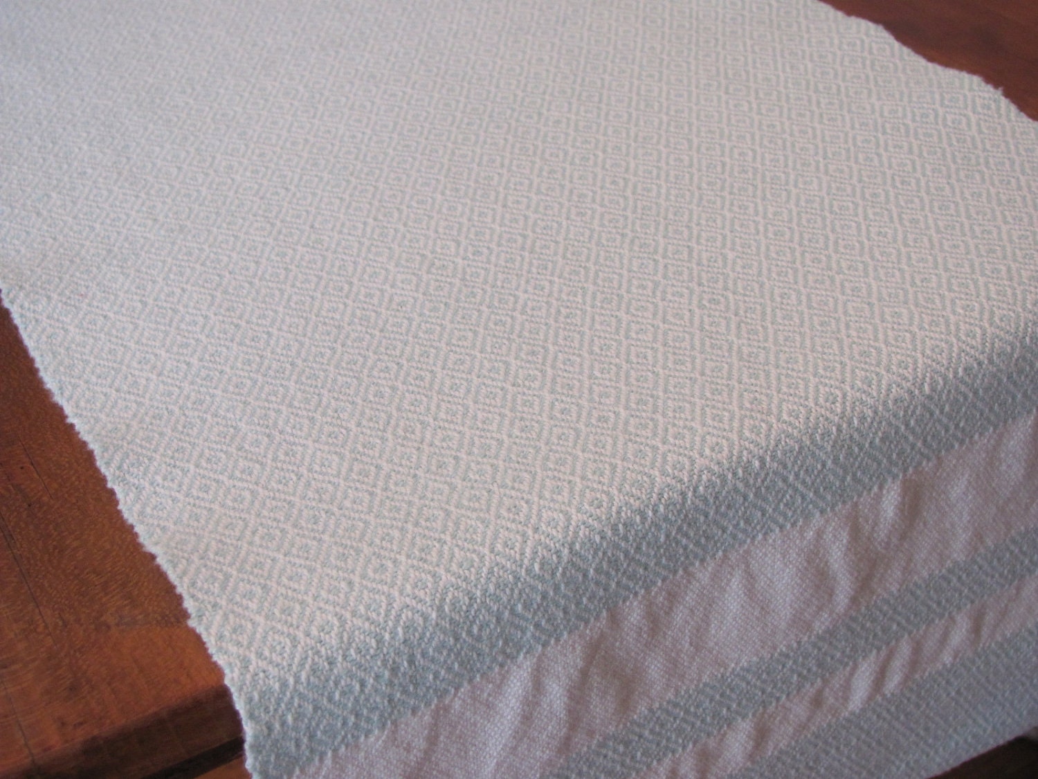 Table Runner Handwoven Cotton, Seafoam Diamond Pattern, Spring, Summer Seaside Beach Cottage, Country Farmhouse Home Decor 11"W x 53.5"L