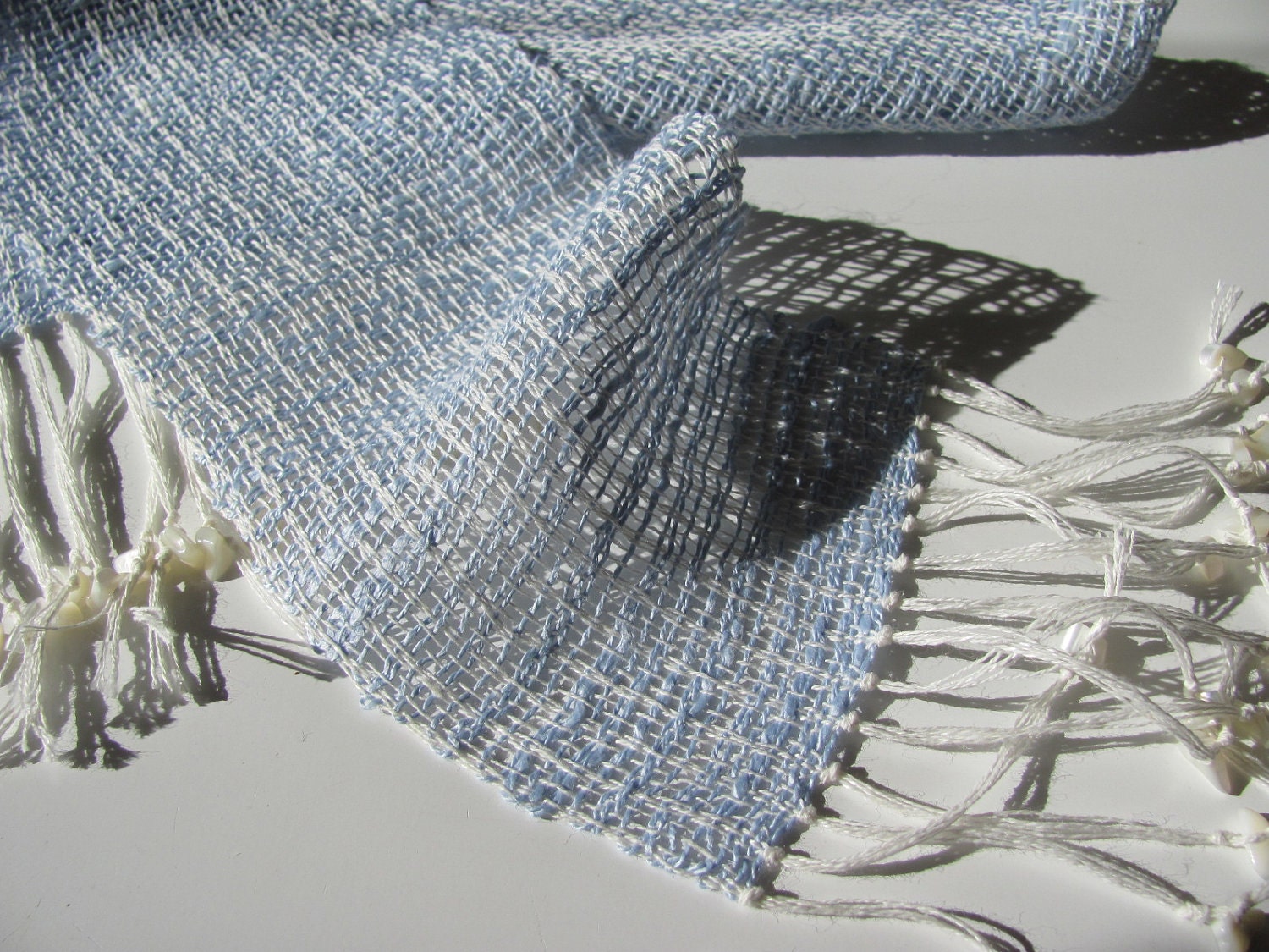 Lace Weave Scarf, Spring, Summer, Autumn, Winter Fashion, Lightweight Lacy Ivory Linen & Light Ice Blue Rayon Cotton, Formal, Casual