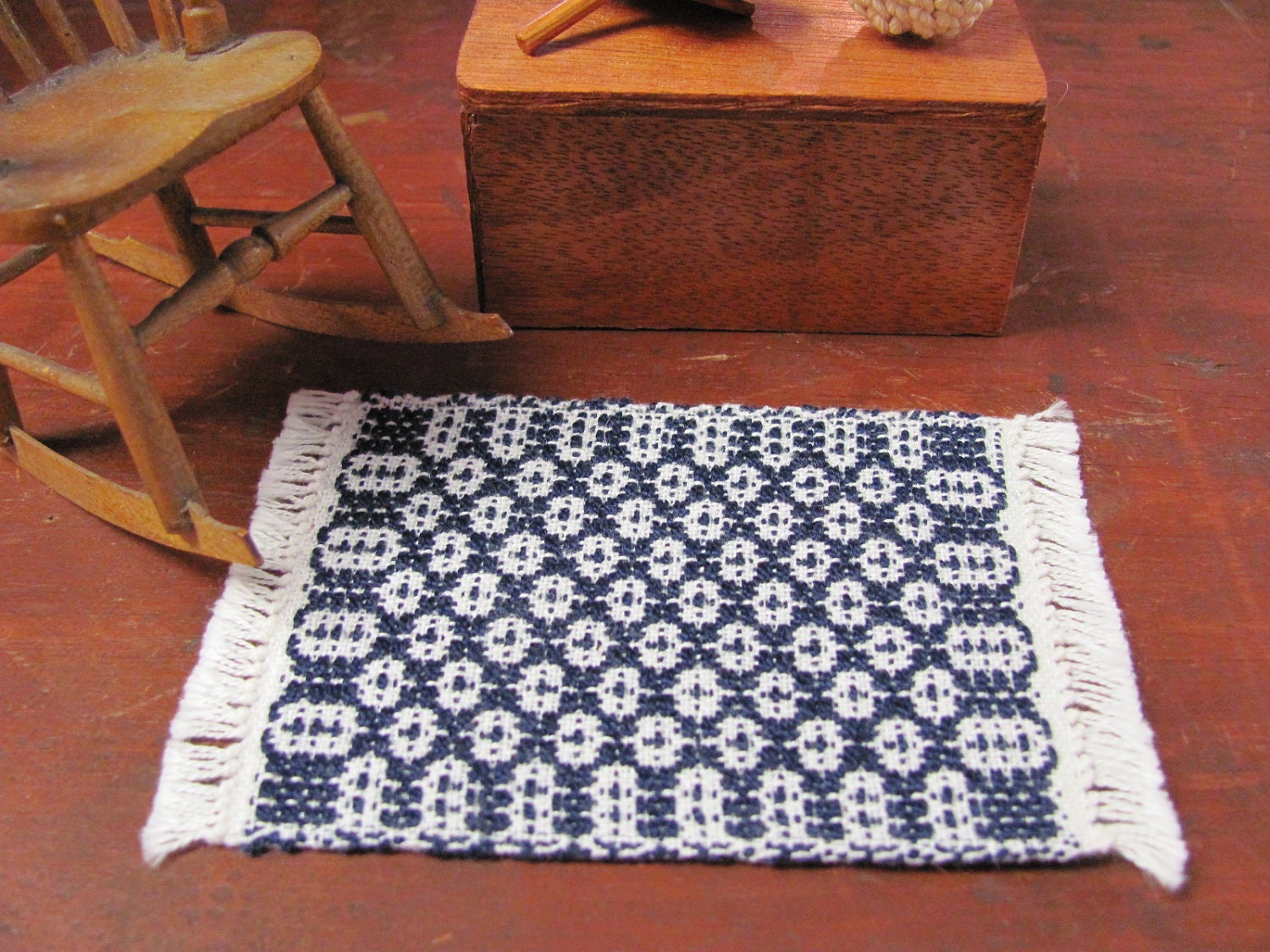 Doll House Miniature Rug, Handwoven Navy Blue Cotton Small Mat, Hall Carpet, Early American Historical Traditional Dollhouse, Collector
