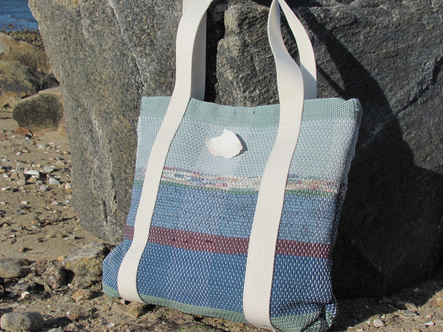Designer Fabric Tote Bag, Shoulder Bag, Large Purse, Market Bag, Woven Recycled Rag, Ocean Blue, Sea, Beach, Cottage, Women, Water & Waves