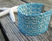 Cuff Bracelet, Anklet, Handwoven Aqua Turquoise & Ivory Cotton, Glass Beads, Boho, Tribal, Fiber Art Fashion, Textile Jewelry, Spring Summer