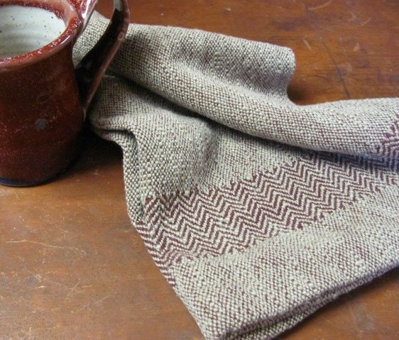 Chef's Towel, Hand Woven Cranberry Red & Khaki Cotton, Herringbone Borders, Cottage Home Decor, Cabin, Farmhouse Gourmet, Cooking Gift