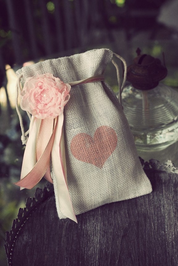 Ivory Burlap Heart Gift Bag with Chiffon Flower and Ribbon