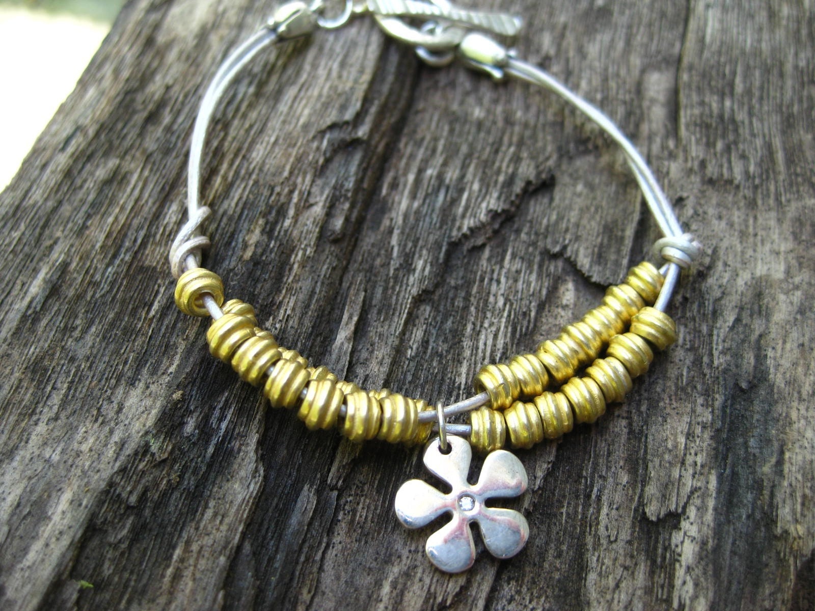 Mixed Metal 2 Strand Diamond Flower Bracelet