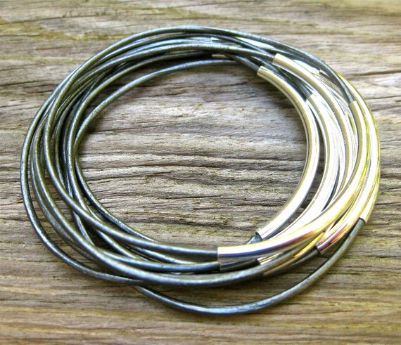 Leather Bangles Skinny Silver Set of 10 Stacking Bangle Bracelets Best Seller Amy Fine Design