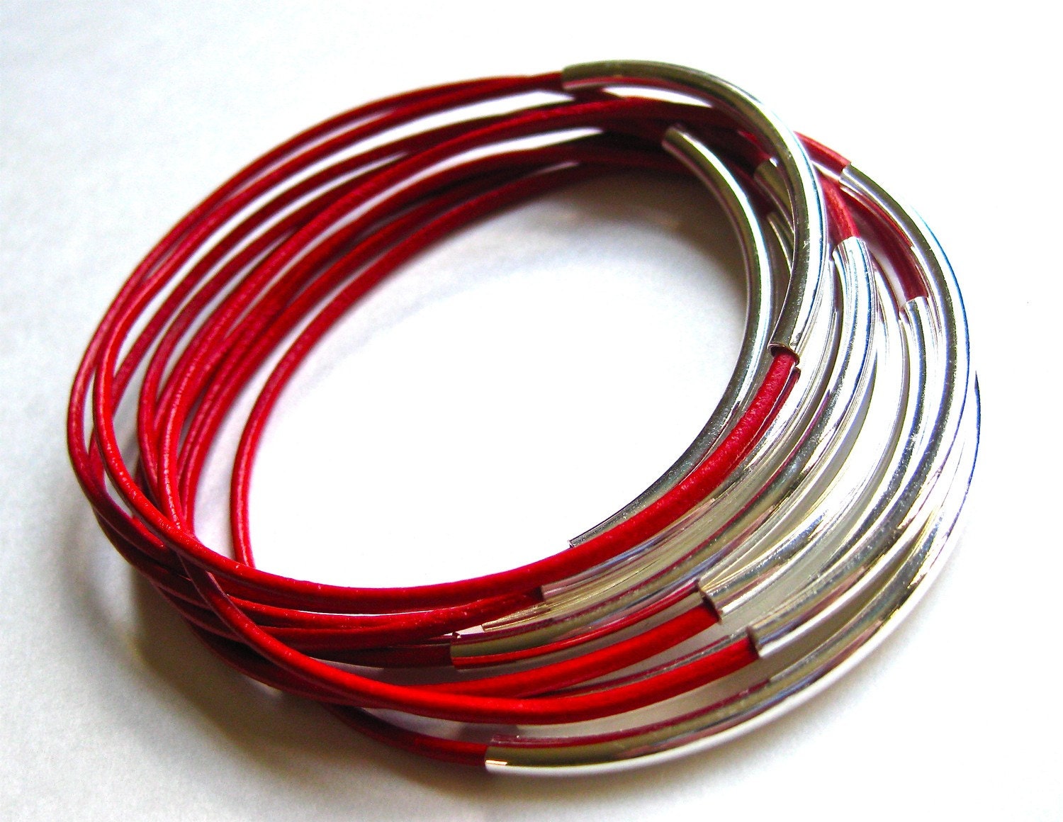 Poppy Red Leather Bangle Bracelets Set of 10 Stacking Bangle Bracelets Best Seller Amy Fine Design