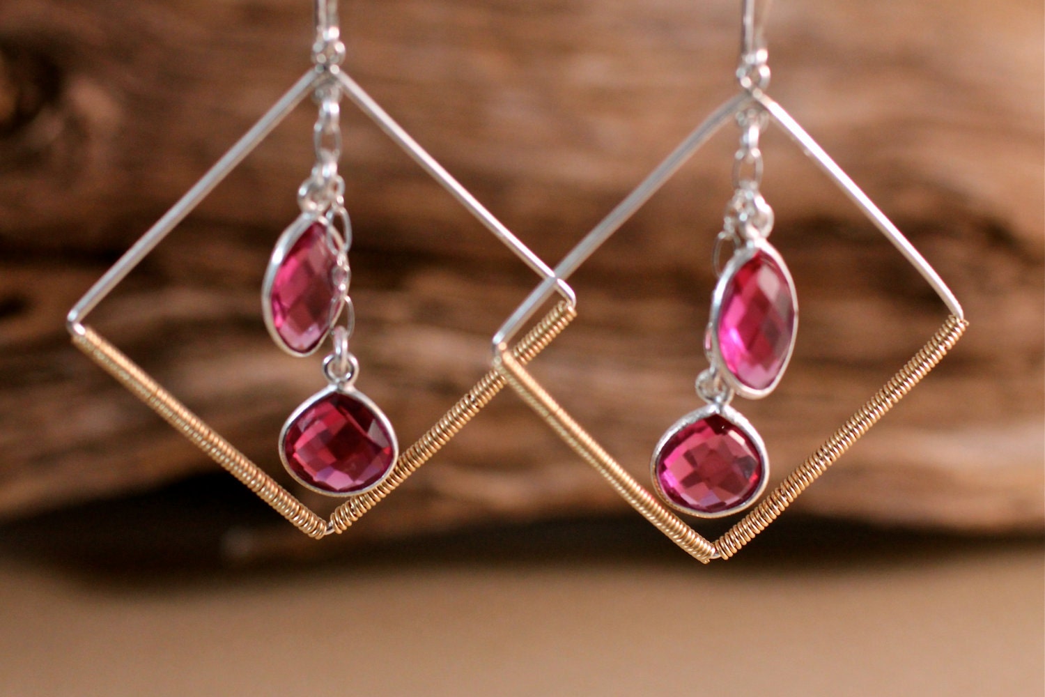 Pink Gemstone Earring Silver Geometric Large Dangle Earring Cabaret Amy Fine Design