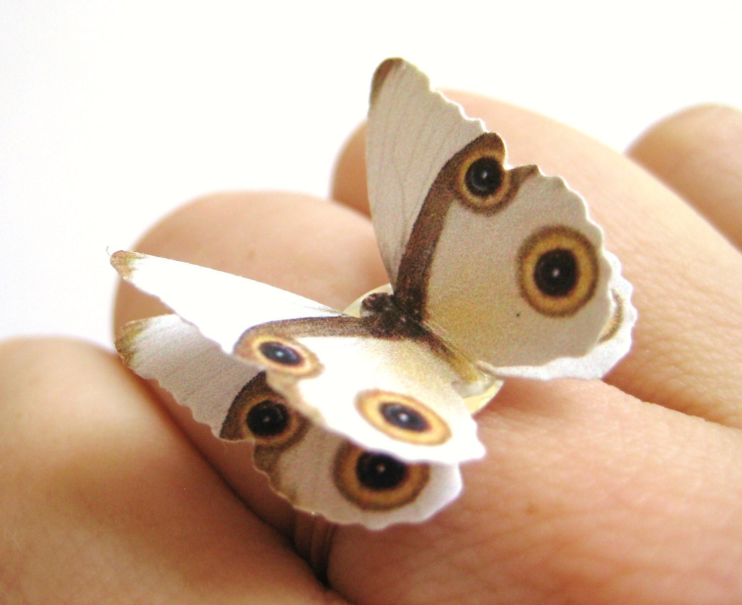 Origami Jewelry White Butterfly Ivory Cream Brown Paper Ring - SpotLightJewelry