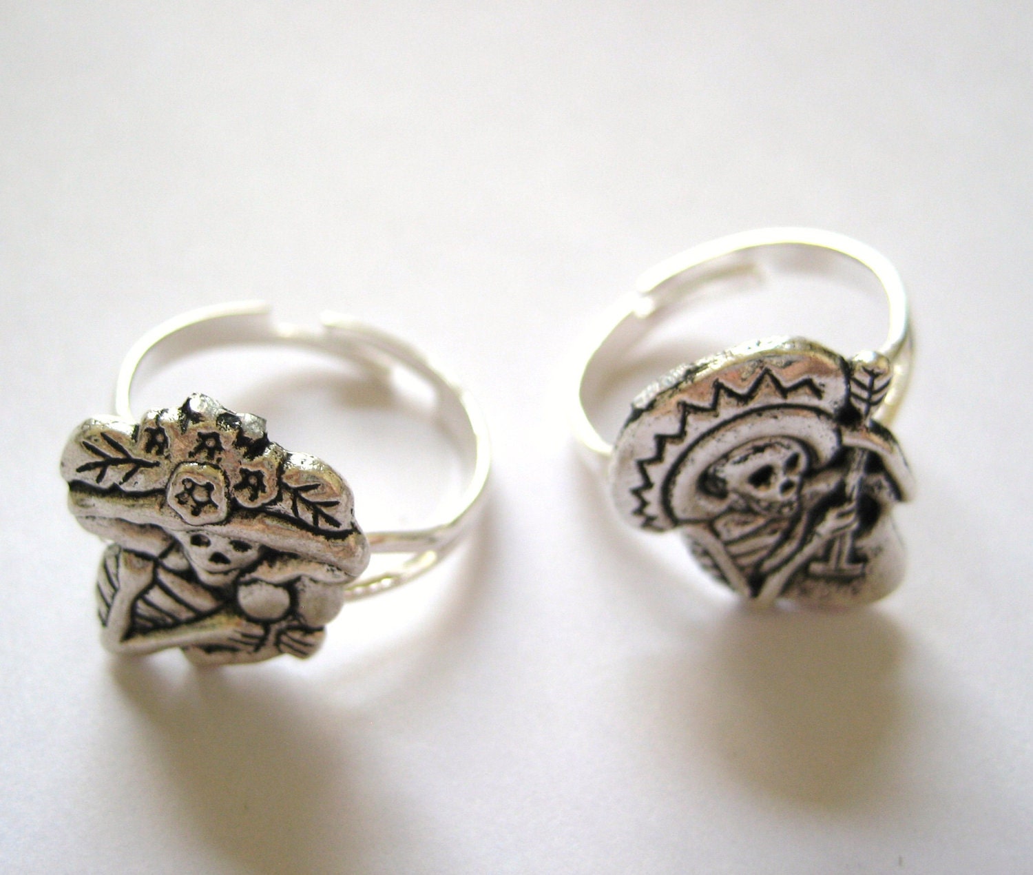 Mexican Sugar Skull Jewelry - Silver Two Finger Rings Day of the Dead