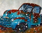 1 Old Blue Chevy Snowy Winter Pickup Truck -  Fall grass - winter snow Watercolor Giclee Print 10x14