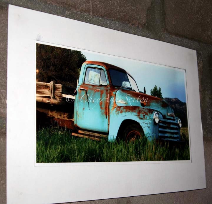 Truck Art - Old Farm Truck - Teal Turquoise Chevy Vintage - 8x15 Panoramic Photograph - Fine Art home Decor