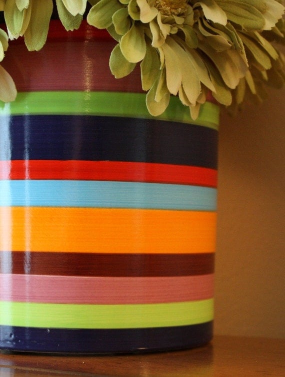 Striped Flower Pot Hand Painted 6 inch Ceramic Pot by chalknotes