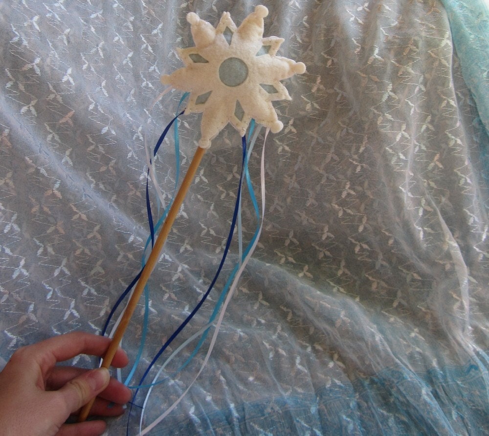 Magic snowflake play wand, wool stuffed, wool felt on wooden wand