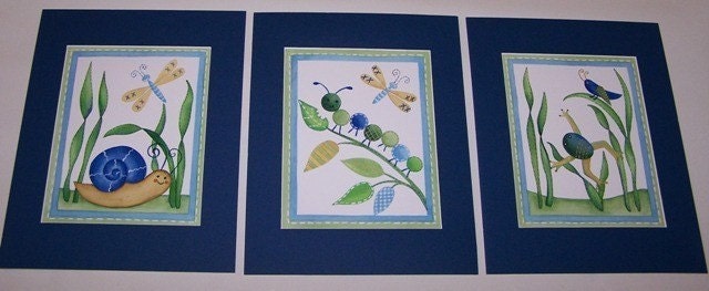 Boys blue green bugs butterflies snails frogs caterpillar bedroom nursery art