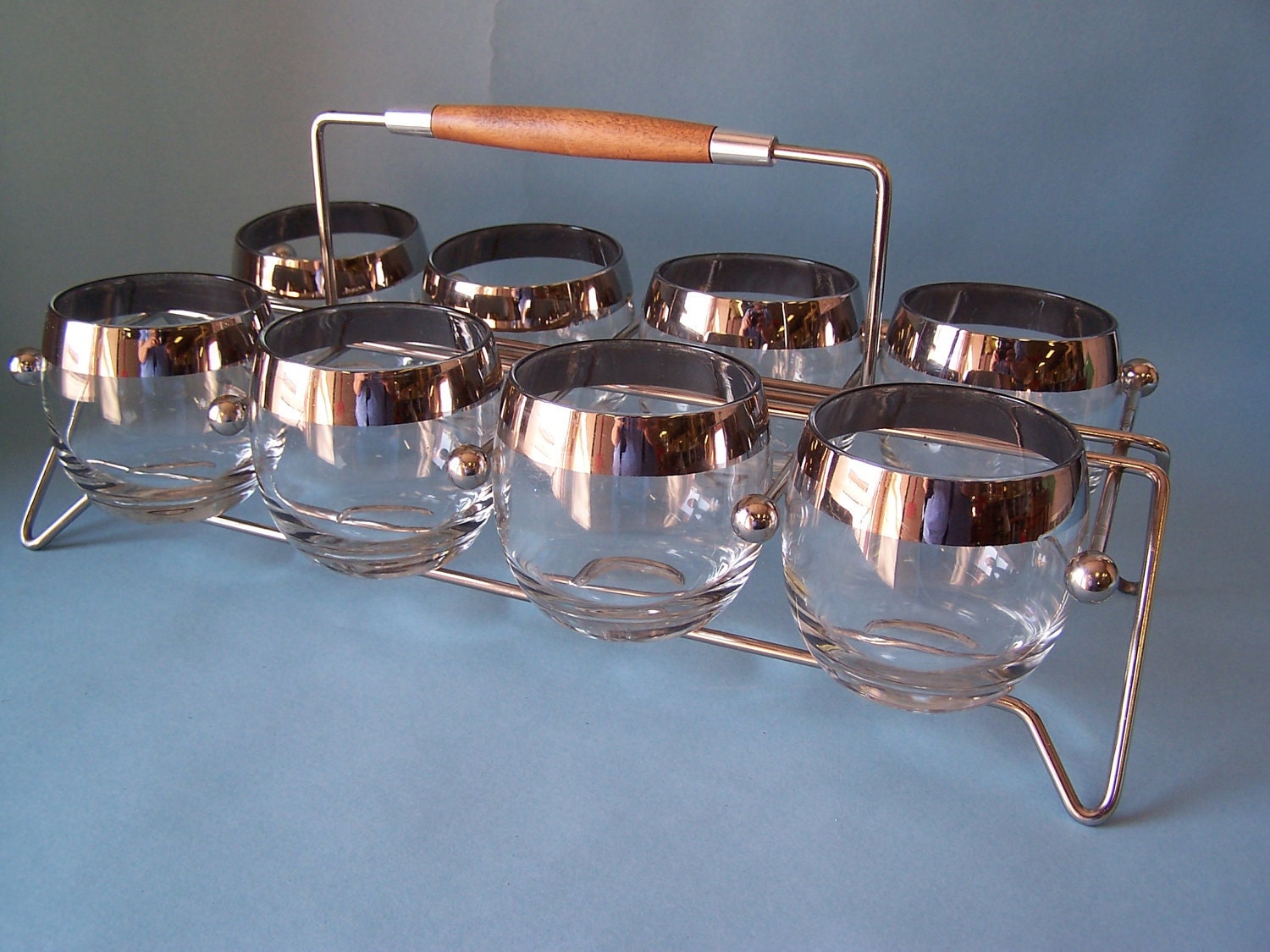 RESERVED FOR LEEANN -Vintage Roly Poly Glass Set with Silver Band & Carrier - Mid Century Modern (8 pc)