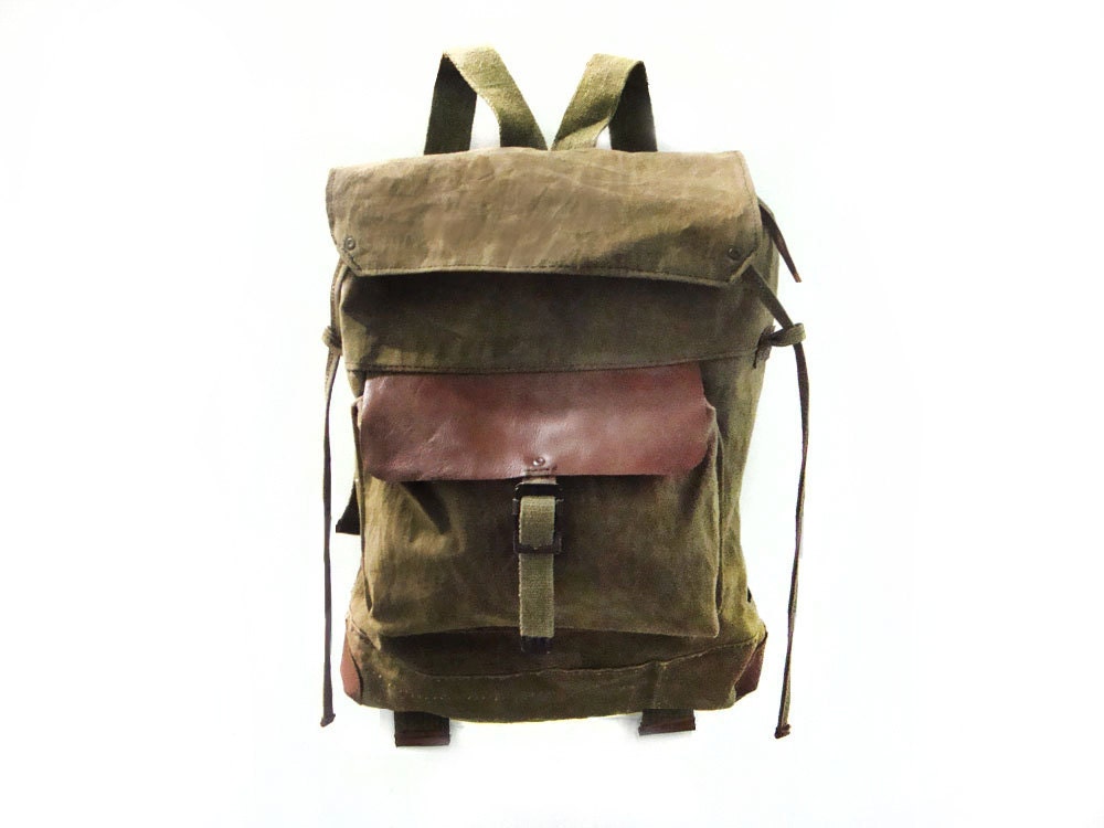 Sessa Carlo Waxed Canvas Backpack, Rucksack w/ Leather (Olive, Brown, Black)